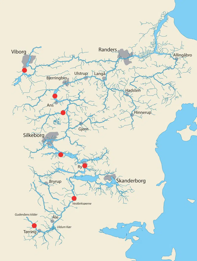 Kort, der viser eksempler på opstemmede søer i Gudenåsystemet